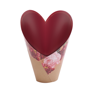 Virágtartó papír szív formájú piros , virágos mintával 12,5cm