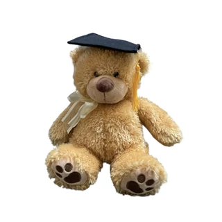 Plüss ülő maci masnival diplomás  20cm barna
