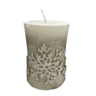 Adventi rusztikus gyertya hópehely mintás fehér-arany 75x100mm