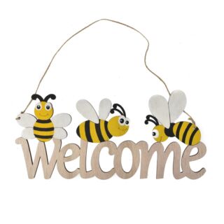 Dísz welcome felirat,méhecskével akasztós fa 30x14,5x natúr ,sárga