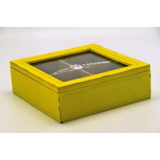 Ékszertartó doboz üveg tetejű fa 18x18cm sárga