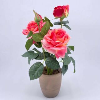 Élethű rózsabokor kerámia kaspóban 36cm rózsaszín
