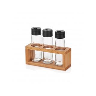 Fűszertartó üveg készlet 3 db-os fa álvánnyal 105ml  (5,5x18x7,5cm)
