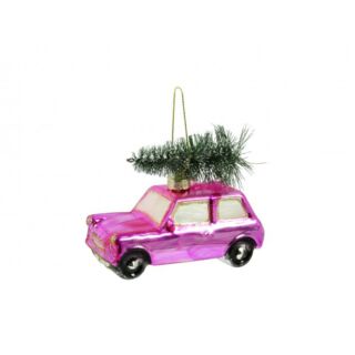 Karácsonyfadísz üveg autó+ fenyőfa pink 10x8 cm
