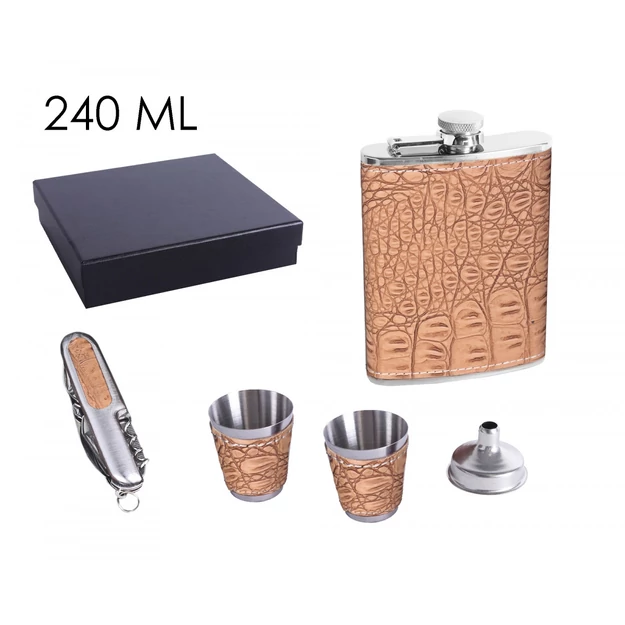 Flat glass stainless steel set in gift box with 2 small glasses, funnel and knife 5 pieces light brown animal skin pattern