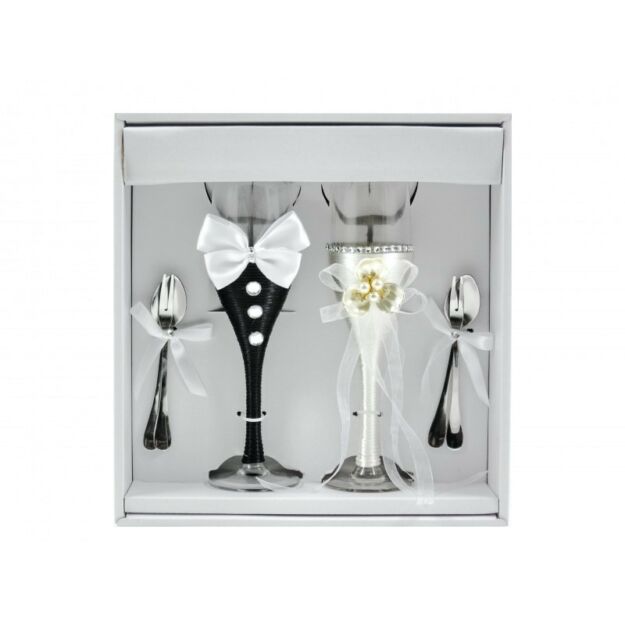 Esküvői pohár szett fekete/fehér + evőeszköz