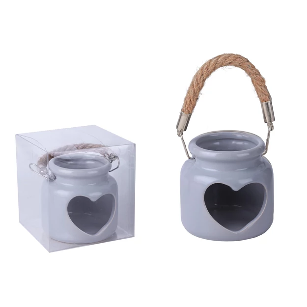 Kerámia mécses szív+ fül szürke 8cm