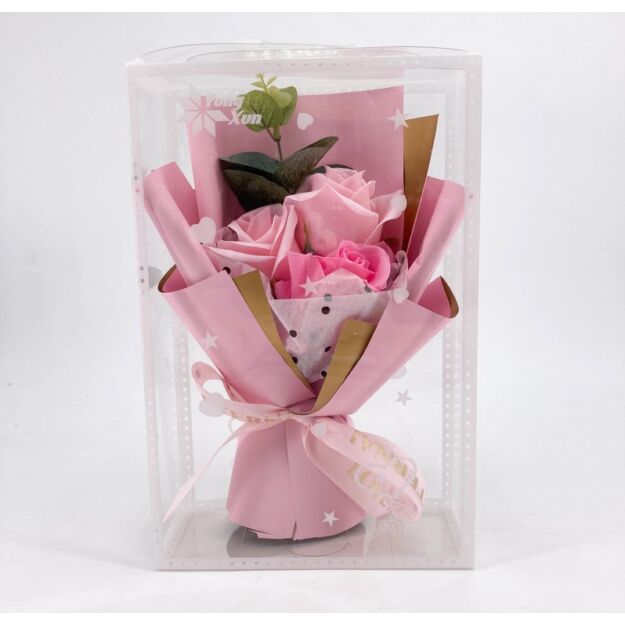 Szappanrózsa csokor dobozban - rózsaszín 25,5x16x7cm