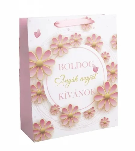 Ajándék tasak rózsaszín virágos  26x32cm- Boldog anyák napját
