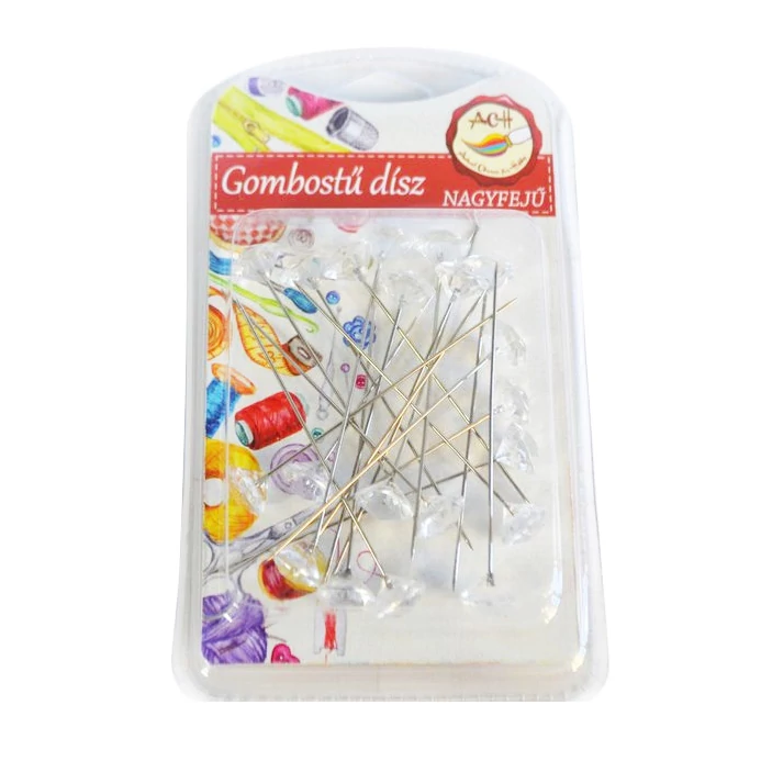 Gombostű dísz nagyfejű gyémánt forma viztiszta 6x10mm 20db/cs