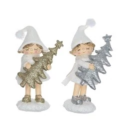 Kislány álló fenyővel,glitteres 8x6,5x14,5cm fehér,ezüst,arany